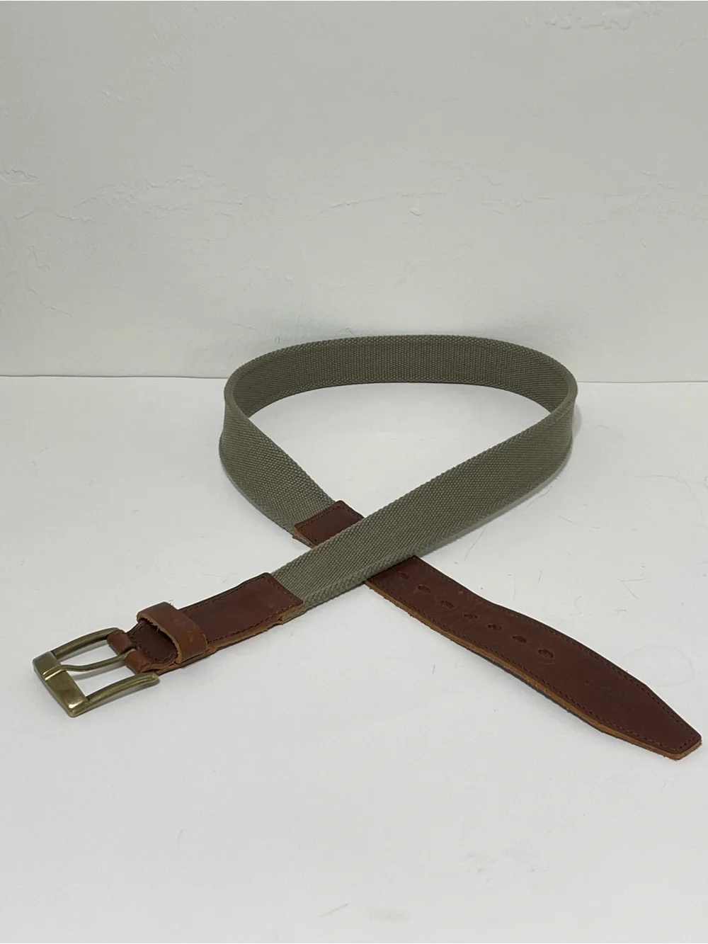 Vintage Eddie Bauer Khaki Canvas Belt Brown Leather Trim Preppy Neutral Men 40